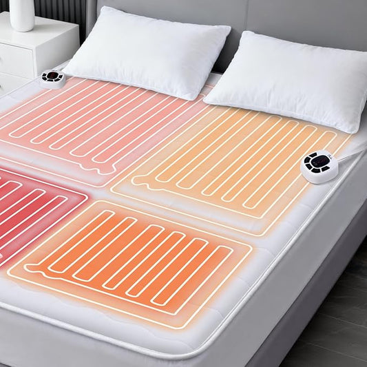 King Size Multi Zone Electric Heated Mattress Pad - Bed Warmer with Memory & Preheat Functions, 10 Heat Settings Dual Control for 1-12 Hours Auto Off, Lighted Button