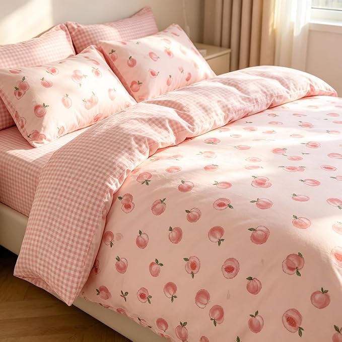 Pink Peach Comforter Set Full Size, Cute Fruit Soft Microfiber Bedding Set with Pink Plaid Backn, 3Pieces All Season Lightweight Summer Comforter Set for Girls