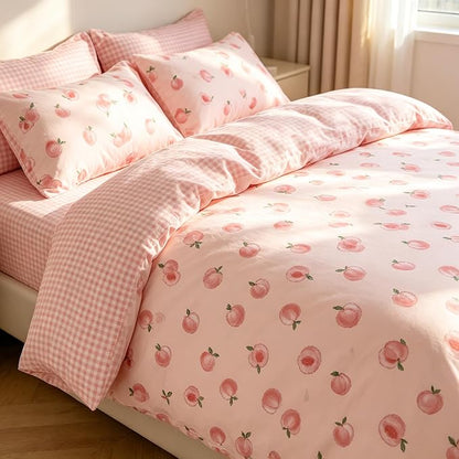 Pink Peach Comforter Set Full Size, Cute Fruit Soft Microfiber Bedding Set with Pink Plaid Backn, 3Pieces All Season Lightweight Summer Comforter Set for Girls