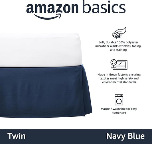 Amazon Basics Lightweight Pleated Dust Ruffle Bed Skirt, Fade Resistant, Wrinkle Resistant, Twin, Navy Blue
