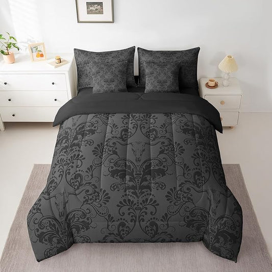 Erosebridal Gothic Damask Bed in a Bag King Size Comforter Set 7 Pieces,Longhorn Skull Bedding Sets Black Grey Victorian Floral Goth Sheet Set with Comforter