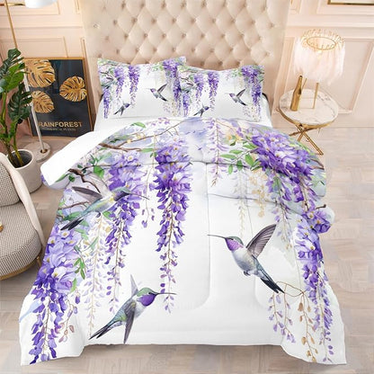 Comforter Set Full Purple Wisteria Bedding Set Hummingbirds Bedding Soft Down Alternative Comforter with 2 Pillowcases, Aesthetic Floral Design