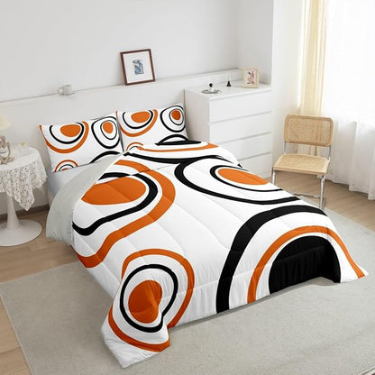 Erosebridal Orange Abstract Toddler Comforter Modern Geometric Circles Bedding Set Boho Art Aesthetic Striped Duvet Insert Minimalist Black White Abstract Bed Sets