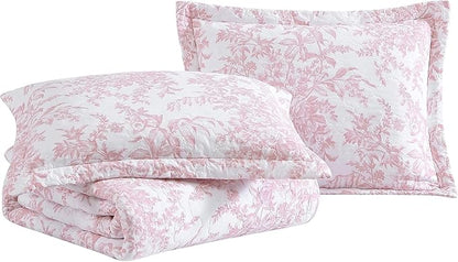 Laura Ashley - Queen Quilt Set, Soft & Reversible Cotton Floral Bedding with a Medium Weight Feel, 3 Piece Bed Set with Matching Pillowcases (Bedford Pink)