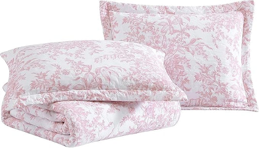 Laura Ashley - Queen Quilt Set, Soft & Reversible Cotton Floral Bedding with a Medium Weight Feel, 3 Piece Bed Set with Matching Pillowcases (Bedford Pink)