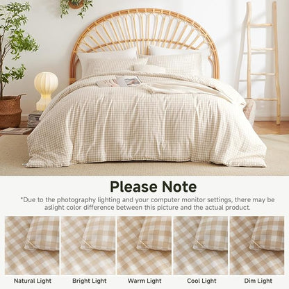 Gingham Comforter Set Queen Size - 3 Pieces Beige White Gingham Comforter Bedding Sets Checkered Pattern,Queen Bed in a Bag with Plaid Comforter and 2 Pillowcases