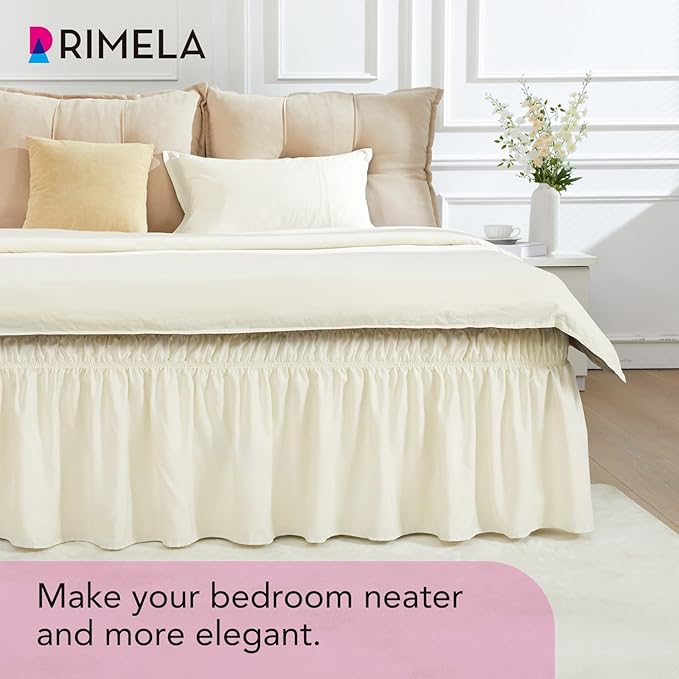RIMELA Ivory Bed Skirt King Size 15 Inch Drop, Elastic Bed Skirting for Bed Base and Frame, Bedding Dust Ruffle Easy to Install, Lightweight Wrap Around Adjustable Bedskirt
