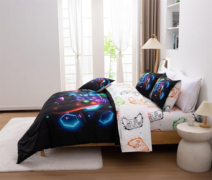 Aimuan Game Console Comforter Set for Boys Girls Kids Space Universe Gaming Geometric Lightweight Microfiber Gamer Bedding Sets (Black-Multi, Twin 6Pcs)