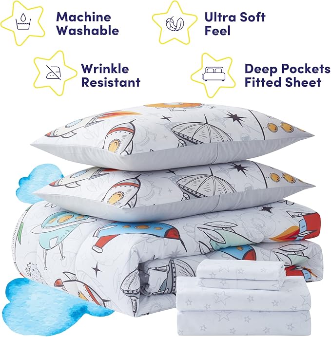 Kids Bedding Set Bed in a Bag for Boys and Girls Toddlers Printed Sheet Set and Comforter, Twin, Floating in Space (Pack of 4)