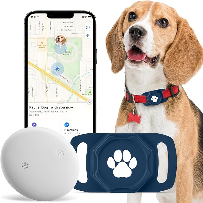 Smart Pet Tracker for Collar - Dog Tracker Pet Location Tracker with Holder | Real-Time Location, No Monthly Fee/ SIM Card, Work with IOS Only (Not for Android), Ultra-Slim, IP68 Waterproof Holder, Blue