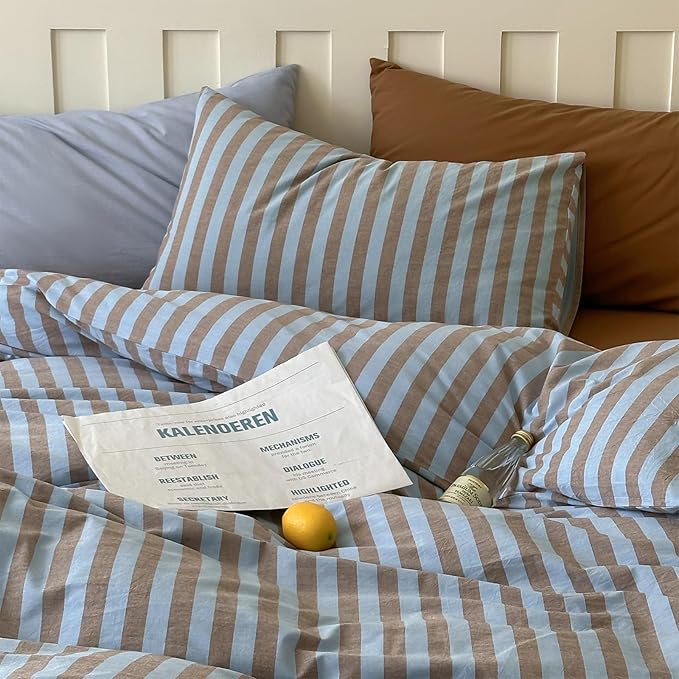 Blue Brown Striped Duvet Cover Set Twin XL, 100% Washed Cotton Vintage Stripes Pattern Printed Bedding Set, 3 Pieces Farmhouse Striped Comforter Cover, Soft Breathable Duvet Cover with Zipper Ties
