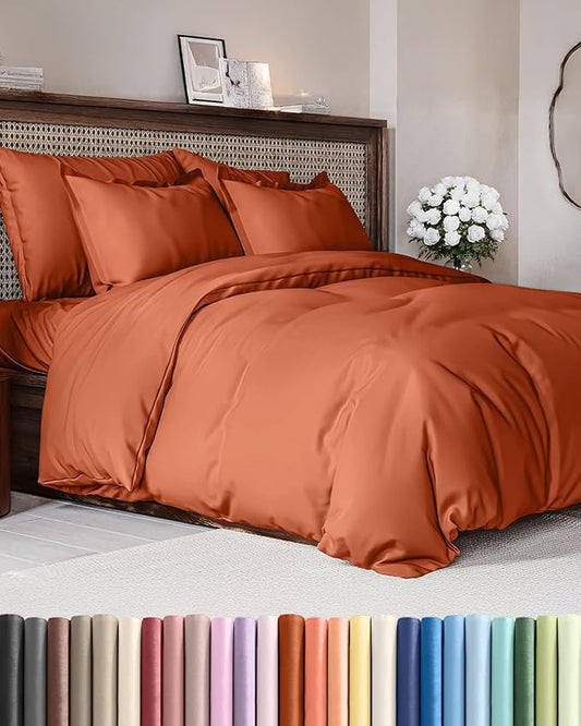 Duvet Cover Queen Size Set - Extra Soft Queen Duvet Cover 90" x 90" with 2 Pillow Shams - Hotel Luxury, Easy Care & Fade Free w/ Zipper Closures & Ties - All Season, Comfy & Breathable (Terracotta)
