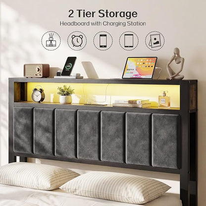 OLEVS Full Size Bed Frame with Headboard, LED Light & Charging Station | Metal Platform Bed Upholstered Headboard 2-Tier Shelf & Footboard, Smart LED Lightning Type C USB Ports, No Need Box Spring
