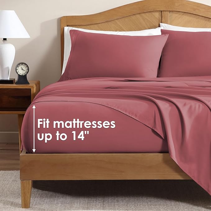 ClevaHome Sheet Set King Size, 4-Piece Bedding, Lightweight & Super Soft Easy Care Microfiber– Shrinkage & Fade Resistant Bedding Set with 14'' Deep Pockets (Dusty Rose)