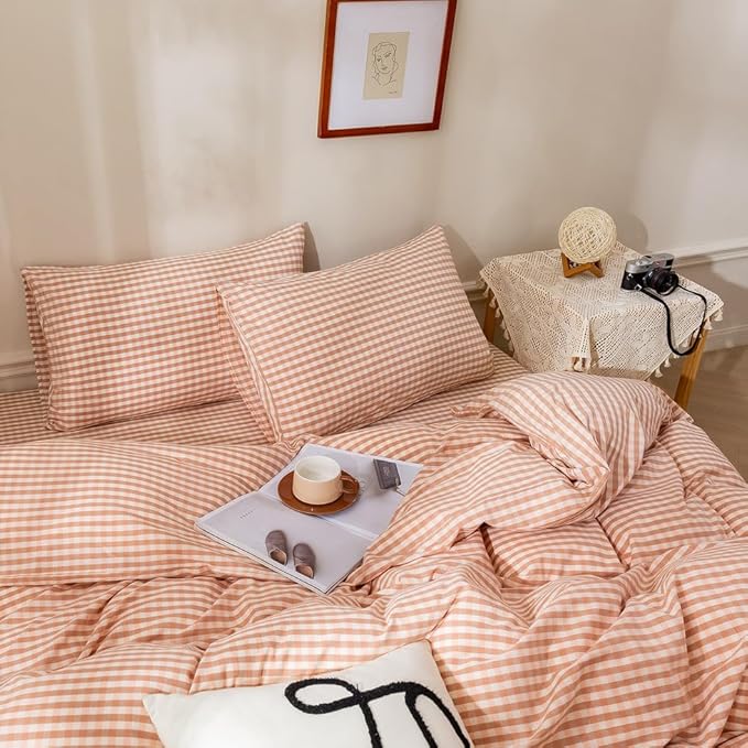 EAVD Pink Tan Gingham Comforter Set King Soft Washed Cotton Farmhouse Mini Pink Tan Checkered Plaid Bedding Set with 2 Pillowcases Modern Farmhouse Reversible Plaid Comforter Set for All-Season