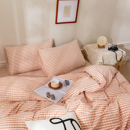 EAVD Pink Tan Gingham Comforter Set Full Soft Washed Cotton Farmhouse Mini Pink Tan Checkered Plaid Bedding Set with 2 Pillowcases Modern Farmhouse Reversible Plaid Comforter Set for All-Season