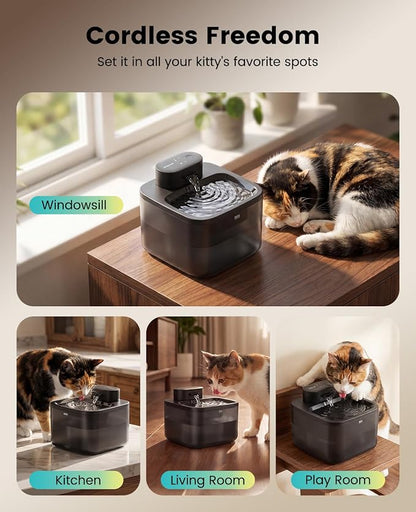 oneisall 2.2L/74oz Wireless Cat Water Fountain | True Cordless,Ultra Quiet SilentFlow™ Pump,3 Flow Modes,Easy to Clean(3-Piece Design),4000mAh Rechargeable,5-Layer Filter