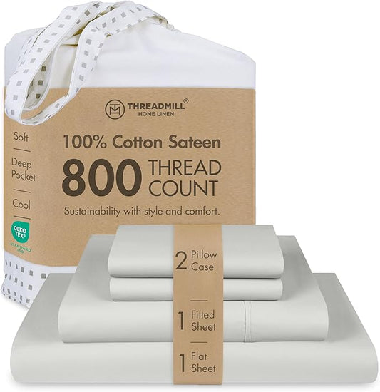 Threadmill Luxury 800 Thread Count Queen 100% Cotton Sheets - Light Grey Sateen Weave Bed-Sheets, Better Than Egyptian Cotton,4 Pc Solid Soft Bed Set, Fits 16" Deep Pocket