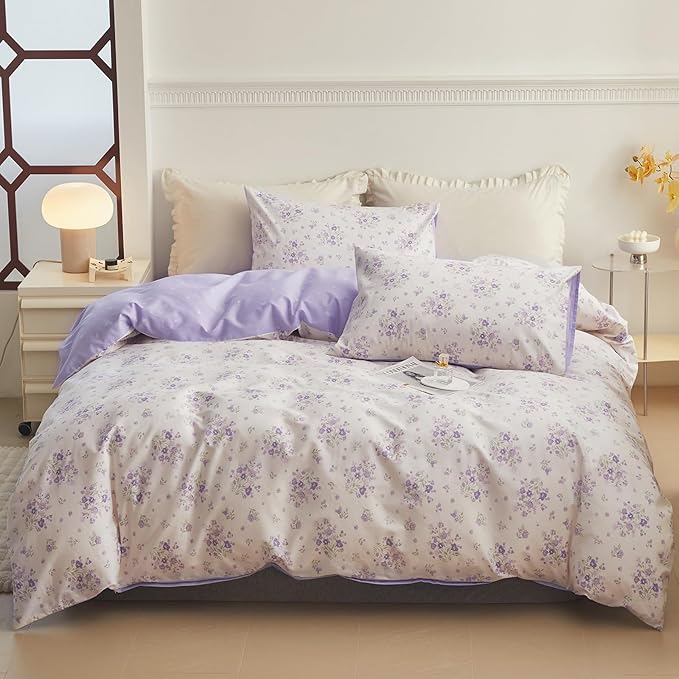 HighBuy Full Size Comforter Set White Purple Floral Printed Bedding Comforter Sets Full 3 Pieces for All Season Vintage Flowers Comforter Sets for Kid Teen Toddler Floral Comfy Comforter Set