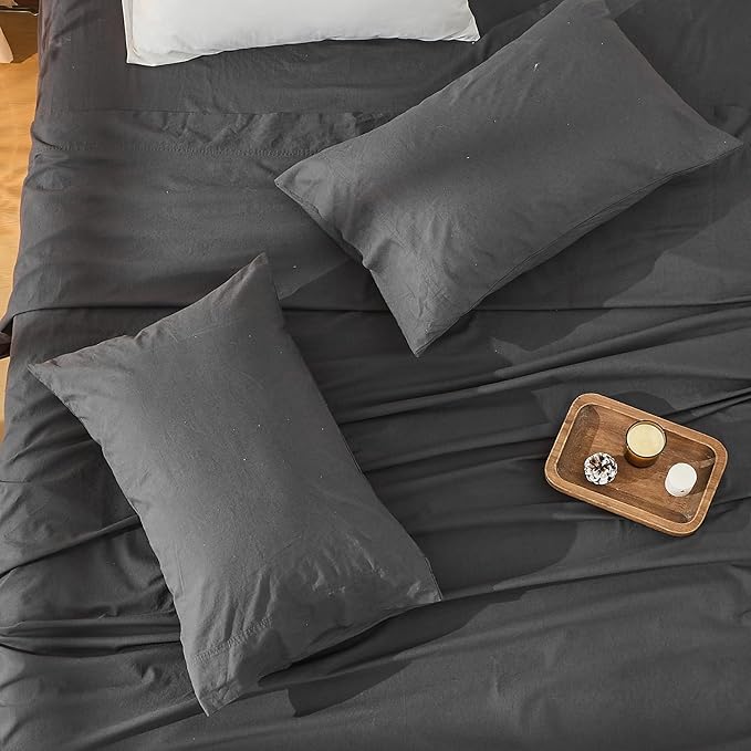 Bedlifes 100% French Linen Sheets King Size 18-24”Extra Deep Pocket 4-Piece Set Breathable & Moisture-Wicking,Soft & Durable Sheets for Thick Mattresses(Dark Grey)