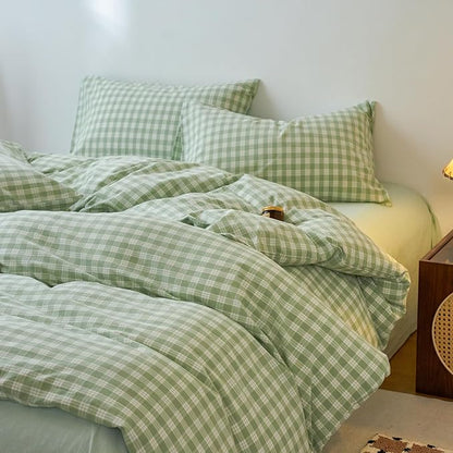 EAVD Vintage Style Green&White Plaid Gingham Duvet Cover Full Soft 100% Washed Cotton Fresh Grid Checkered Gingham Bedding Set with 2 Pillowcases Farmhouse Green Plaid Duvet Cover with Zipper Closure