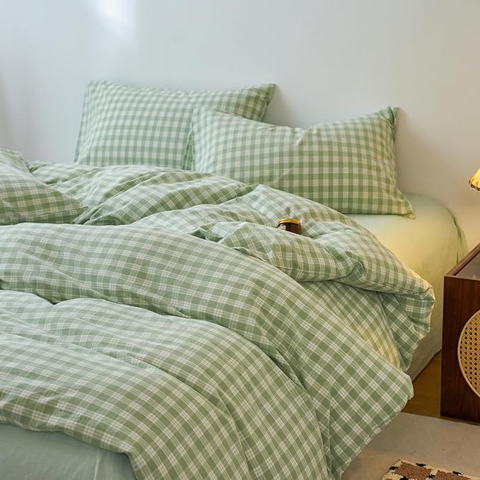 EAVD Vintage Style Green&White Plaid Gingham Duvet Cover King Soft 100% Washed Cotton Fresh Grid Checkered Gingham Bedding Set with 2 Pillowcases Farmhouse Green Plaid Duvet Cover with Zipper Closure