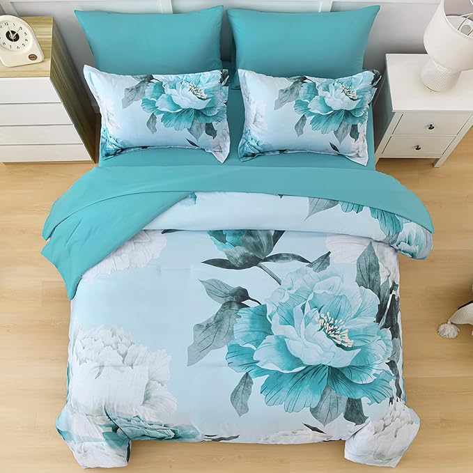 Dobuyly Floral Comforter Set Full Size 7 Piece Bed in a Bag, Aqua Flowers Printed on Light Blue Comforter Set with Sheets, Soft Microfiber Botanical Complete Bedding Set for All Season