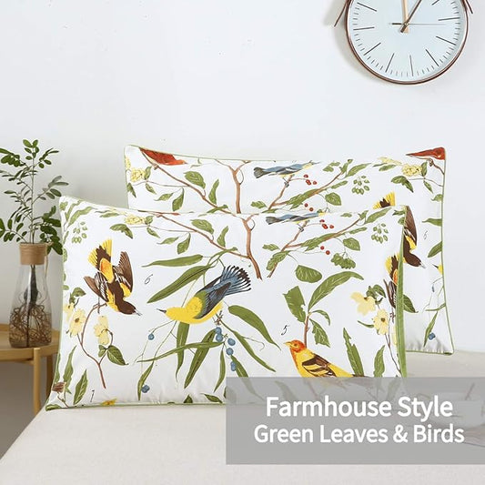 WINLIFE 100% Cotton Pillowcases Queen 2 Pillow Cases Decorative Farmhouse Green Leaves Birds Printed Pillow Cover Set of 2 (Queen 20x30'', Birds)