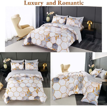 ANGIYUIN 7 Pcs White Marble Bedding Comforter Set California King, Hexagon Honeycomb with Gold Trims Comforter Set, Soft Lightweight Watercolor Bed in A Bag for Women Men