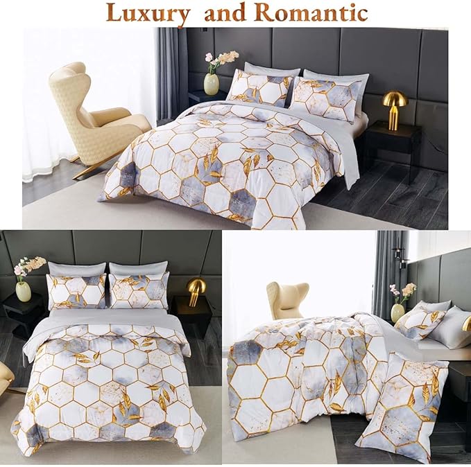 ANGIYUIN 7 Pieces White Gold Comforter Set Full Geometric Foil Print Bed Set Marble Hexagon Bedding Sets Ultra Soft Honeycomb Bed in A Bag for All Season (White Full)