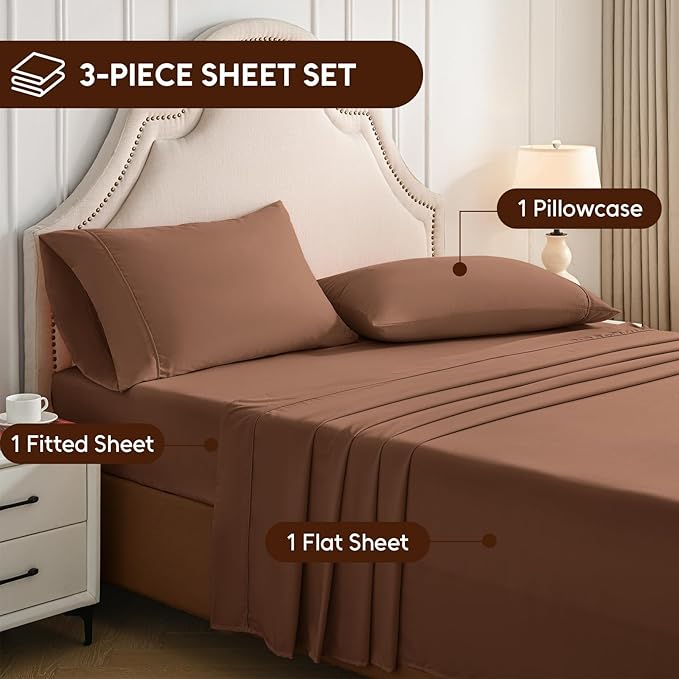 Twin Sheets Set, 3 Pieces Hotel Luxury Soft Microfiber Bed Sheets Set, Up to 16" Deep Pockets, Oeko-Tex Sheets with Elastic, Breathable, Wrinkle Free (Brown,Twin)