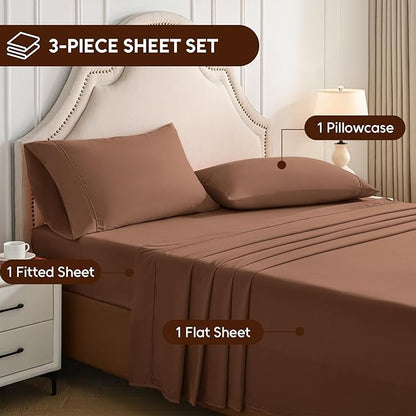 Twin Sheets Set, 3 Pieces Hotel Luxury Soft Microfiber Bed Sheets Set, Up to 16" Deep Pockets, Oeko-Tex Sheets with Elastic, Breathable, Wrinkle Free (Brown,Twin)