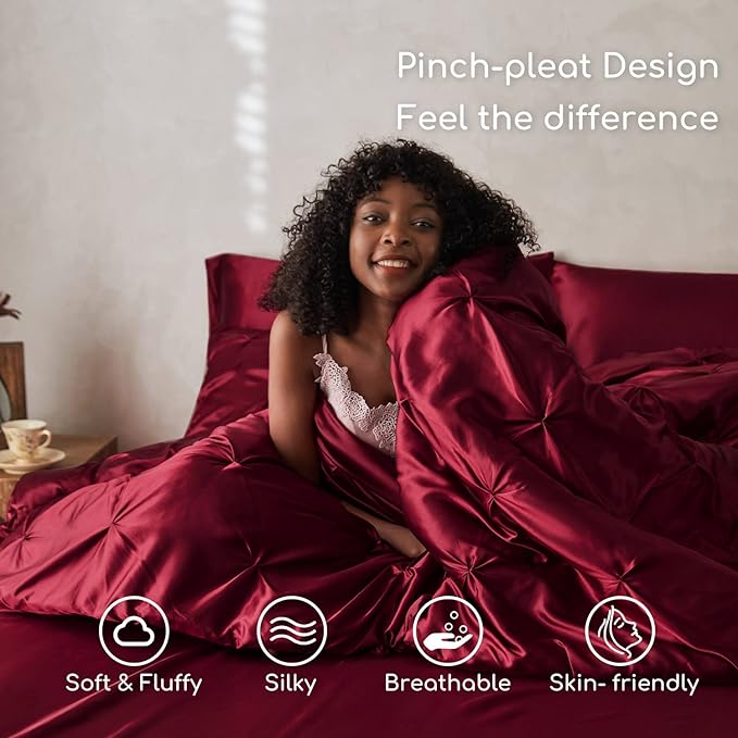 MR&HM Satin Comforter King 7 Pieces - Luxurious Pinch Pleat Bedding Set with Comforter, Flat Sheet, Fitted Sheet, Pillowcases & Shams, Super Silky Soft Bed Set for All Season (King, Burgundy)