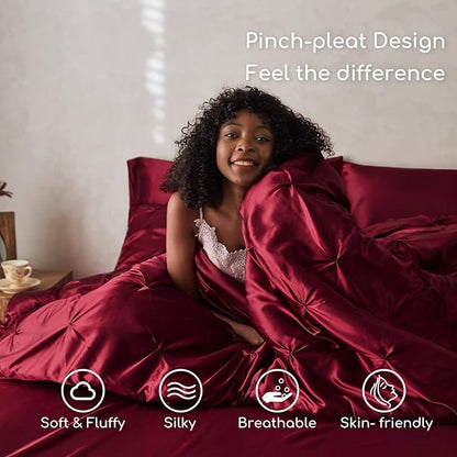 MR&HM Satin Comforter King 7 Pieces - Luxurious Pinch Pleat Bedding Set with Comforter, Flat Sheet, Fitted Sheet, Pillowcases & Shams, Super Silky Soft Bed Set for All Season (King, Burgundy)