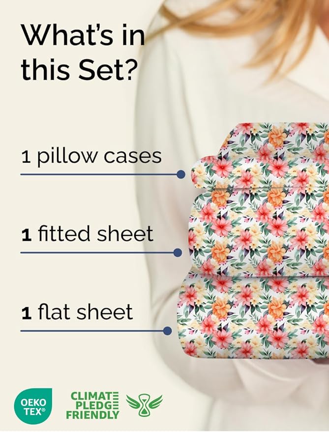 Floral Sheets - Flower Print Bed Sheet Set - 1 Flat, 1 Fitted & 1 Pillowcase w/ Deep Pockets - Comfy, Cozy, Wrinkle & Fade Free - Boho Botanical Bedding - Soft, Breathable & Cooling - Twin Size Set