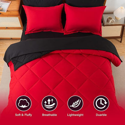 Cosybay Bed in a Bag Queen Reversible Comforter Sets 7pcs All Season Down Alternative Bedding Sets Red and Black with Comforter, Pillow Shams, Flat Sheet, Fitted Sheet and Pillowcase