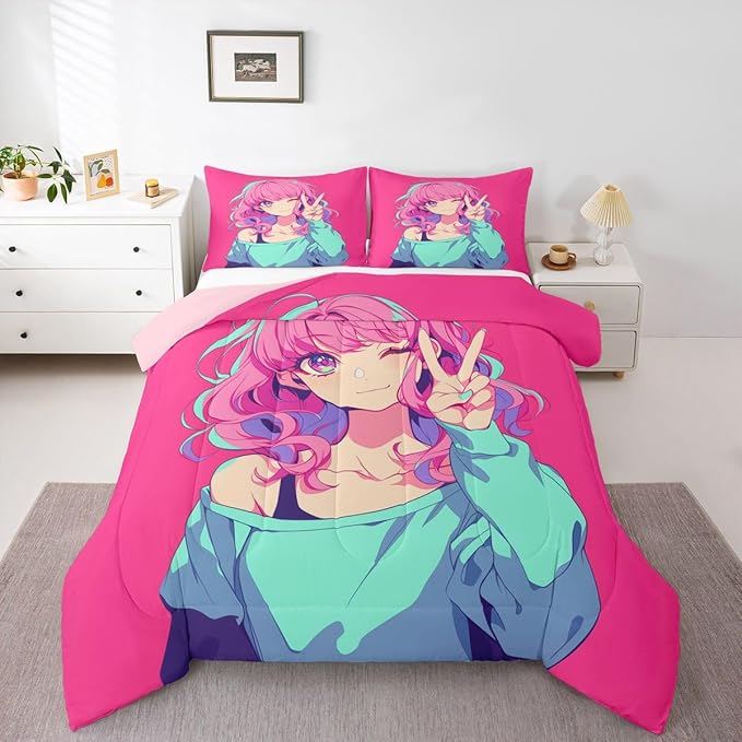 Erosebridal Japanese Anime Bedding 3D Anime Girl Comforter Set, Kawaii Japanese Style Bedding Comforter Sets Cartoon Uniform Girl Duvet Insert for Girls Hot Pink Room Decor, Queen