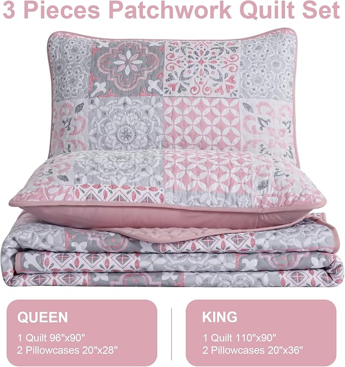 Dobuyly Pink Grey Quilt Set King Size, Boho Plaid Patchwork Bedspreads Coverlet Set, 3 Pieces Soft Lightweight Microfiber Summer Quilt Bedding Set for All Seasons 110"x90"