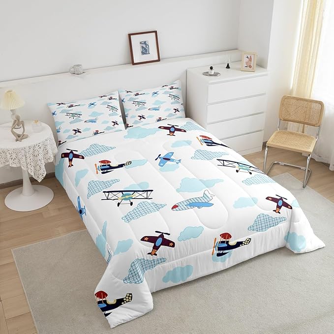 Castle Fairy Kids Aircraft Comforter King Size,Boys Teens Airplanes Comforter Set Bedding Set for Kids Adults,Blue White Clouds Chic Gingham Duvet Set Ultra Soft Room Decor 3Pcs Quilt Set