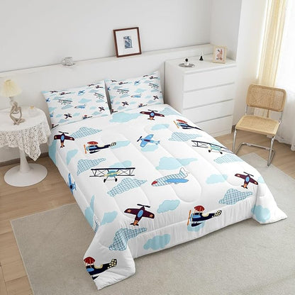Castle Fairy Kids Aircraft Comforter King Size,Boys Teens Airplanes Comforter Set Bedding Set for Kids Adults,Blue White Clouds Chic Gingham Duvet Set Ultra Soft Room Decor 3Pcs Quilt Set