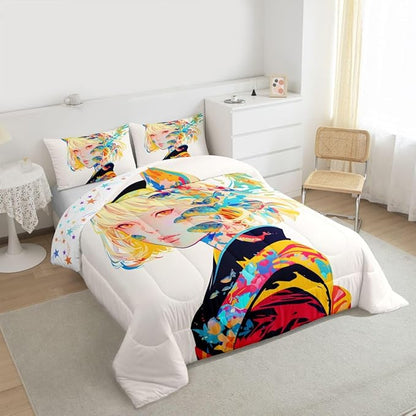 Japanese Anime Comforter Set 3D Cartoon Gifts Bedding for Girls Boys Kids Kawaii Room Decor, Anime Girl Design Bedding Comforter Sets Soft Lightweight Duvet Insert King with 2 Pillow Cases