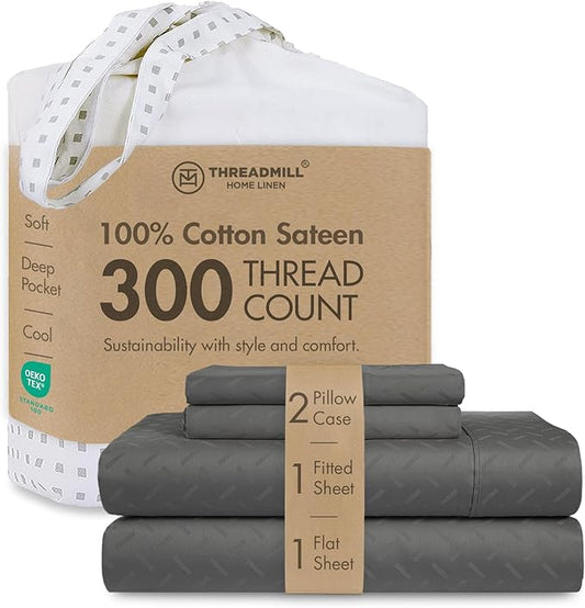 Threadmill 100% Cotton Sheets for King Size Bed | 4 Pc King Bed Sheets Set | Soft, Breathable Lightweight Damask Sateen for All-Season Use | Snug Fit Elastic Deep Pocket King Sheets | Dark Grey