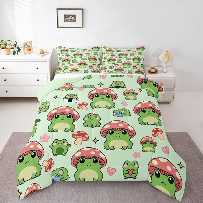 Mushroom Frog Bedding Set Full Size Cute Mushroom Comforter Set 3pcs for Kids Girls Boys Bedroom Decor Cartoon Animals Plants Quilt Set Pink Green Duvet Insert,2 Pillowcases
