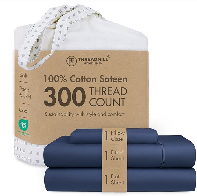 Threadmill Cotton Twin Sheet Set | 100% Cotton Sheets for Twin Size Bed | Solid Sateen Twin Bed Sheets Set with 16” Deep Pocket | Soft Breathable 3-Piece Cooling Sheet Set | Folkstone Blue