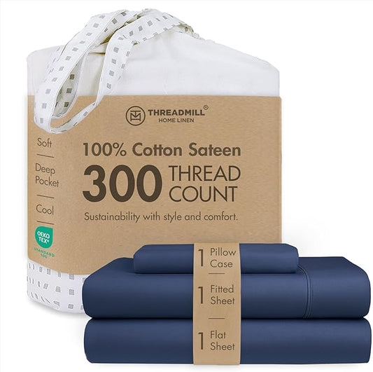 Threadmill Cotton Twin XL Sheet Set | 100% Cotton Sheets for Twin XL Size Bed | Solid Sateen Twin XL Bed Sheets Set with 16” Deep Pocket | Soft Breathable 3-Piece Cooling Sheet Set | Folkstone Blue