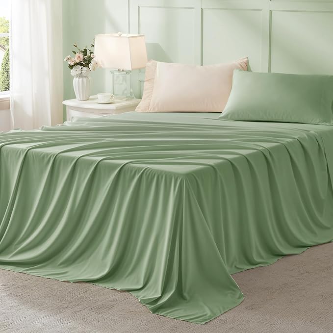 Anluoer Sage and Cream Queen Comforter Set 7 Pieces, Bed in a Bag with Sheets, All Season Bedding Sets with 1 Comforter, 2 Pillow Shams, 2 Pillowcases, 1 Flat Sheet, 1 Fitted Sheet