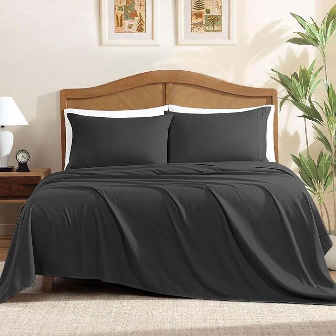 ClevaHome Queen Sheet Set, 4-Piece Bed Sheets for Queen Size Bed, Lightweight & Super Soft Easy Care Microfiber– Shrinkage & Fade Resistant Bedding Set with 14'' Deep Pockets (Black)