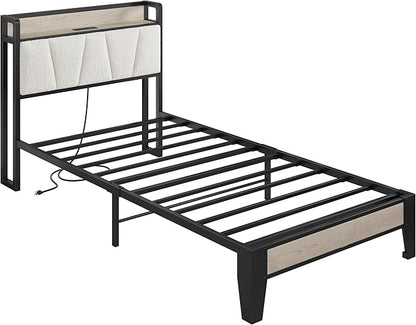 LIKIMIO Twin XL Bed Frames, Bouclé Storage Headboard with Charging Station, Solid and Stable, Noise Free, No Box Spring Needed, Easy Assembly