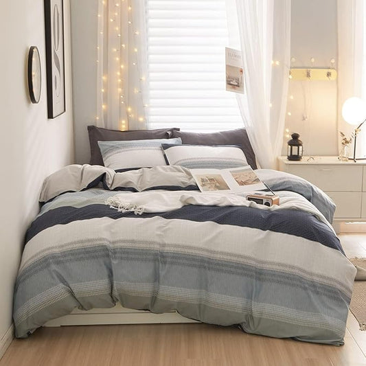 LifeTB Cotton Twin XL Duvet Cover Gray Blue White Striped Duvet Cover Modern Soft Geometric Striped Bedding Set for Men Boy Teen Simple Style Comfy Striped Comforter Cover with Zipper Closure