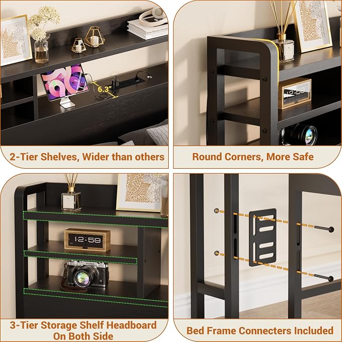 Aheaplus Headboard for Twin Size Bed with Storage, Headboards with LED Light, Power Outlets, USB Ports Twin Size Head Board, Wood headboard Only Sturdy and Stable Headboards, Modern, Black